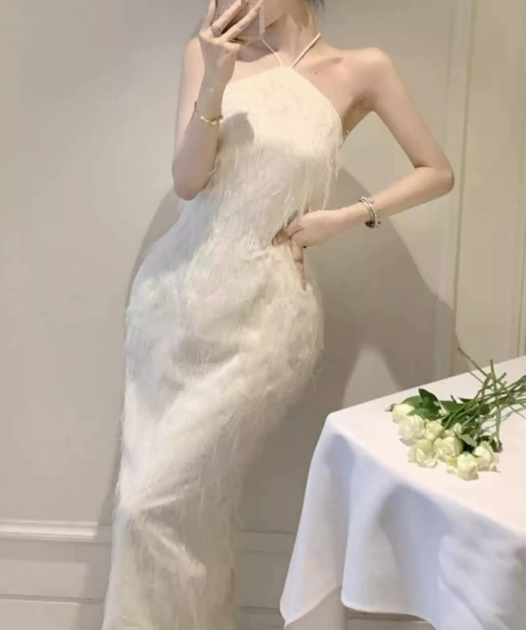 Trendy Halter Neck White Maxi Dress Feather Sheath Long Dress C9691