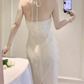 Trendy Halter Neck White Maxi Dress Feather Sheath Long Dress C9691
