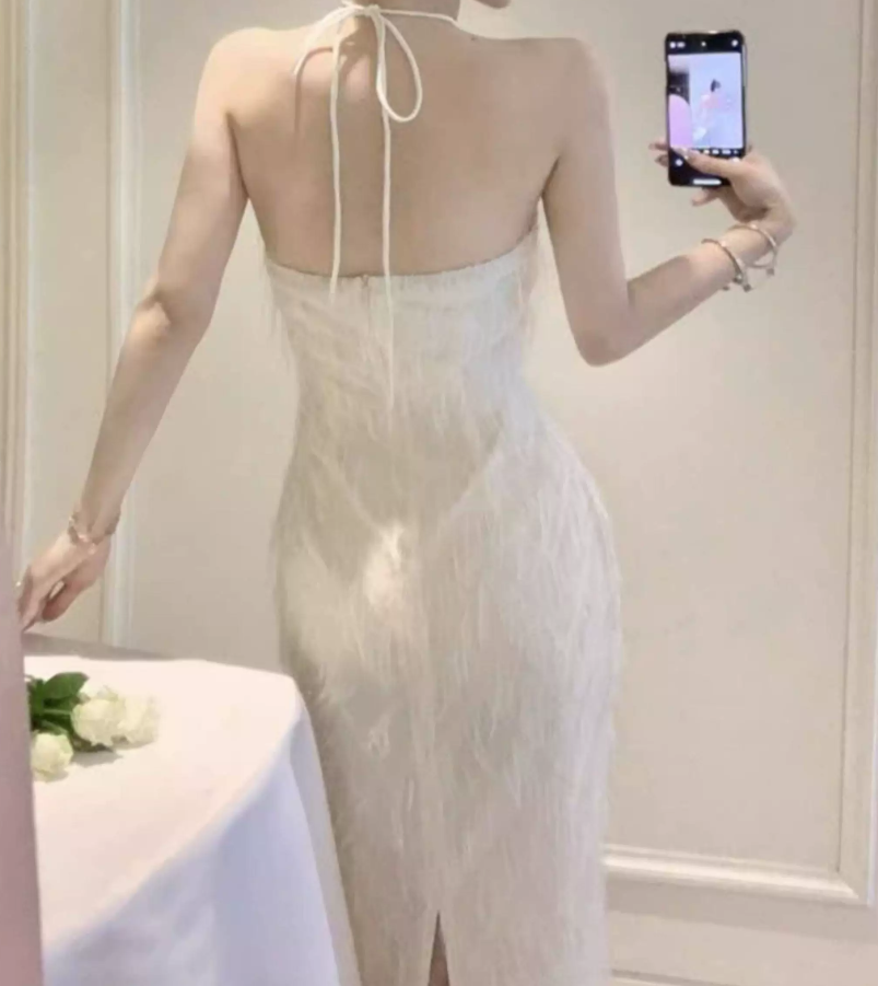 Trendy Halter Neck White Maxi Dress Feather Sheath Long Dress C9691