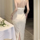 Trendy Halter Neck White Maxi Dress Feather Sheath Long Dress C9691