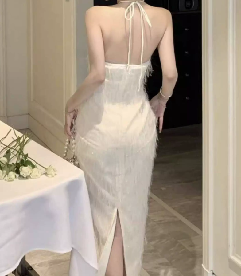 Trendy Halter Neck White Maxi Dress Feather Sheath Long Dress C9691