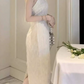 Trendy Halter Neck White Maxi Dress Feather Sheath Long Dress C9691
