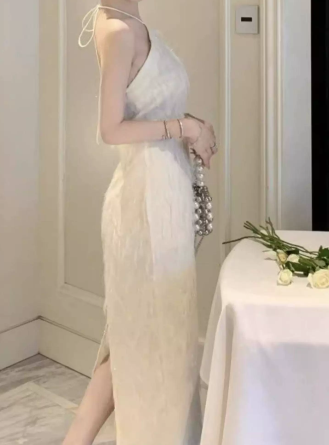 Trendy Halter Neck White Maxi Dress Feather Sheath Long Dress C9691