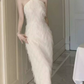 Trendy Halter Neck White Maxi Dress Feather Sheath Long Dress C9691