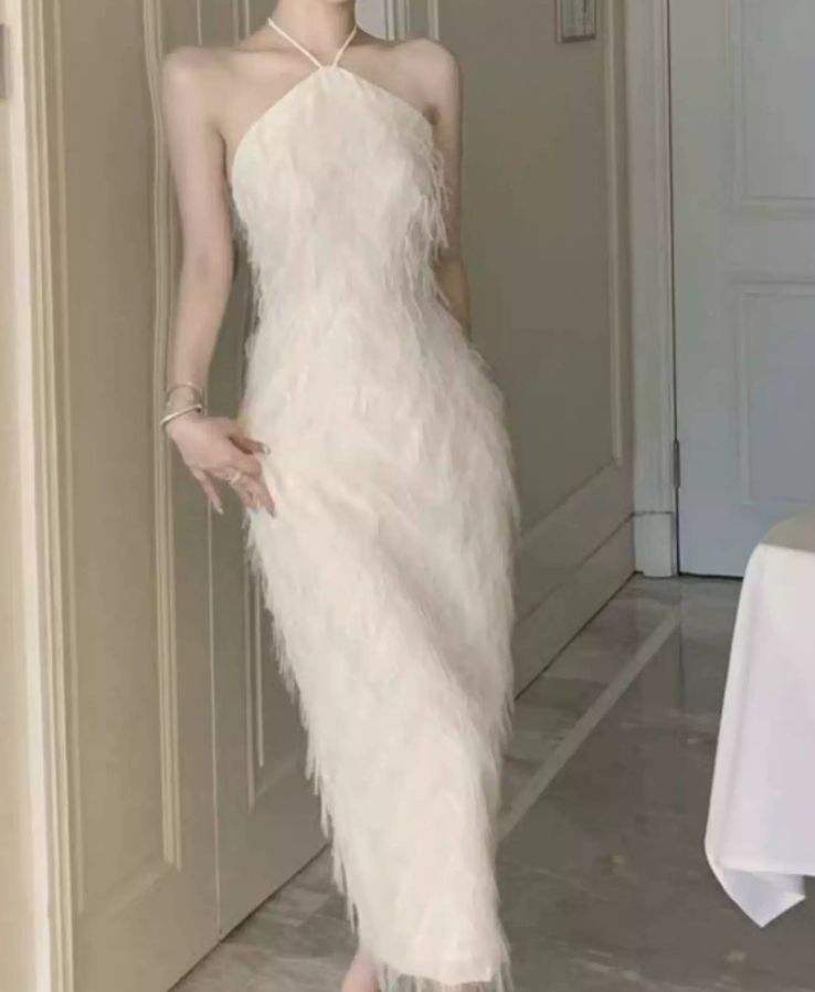 Trendy Halter Neck White Maxi Dress Feather Sheath Long Dress C9691