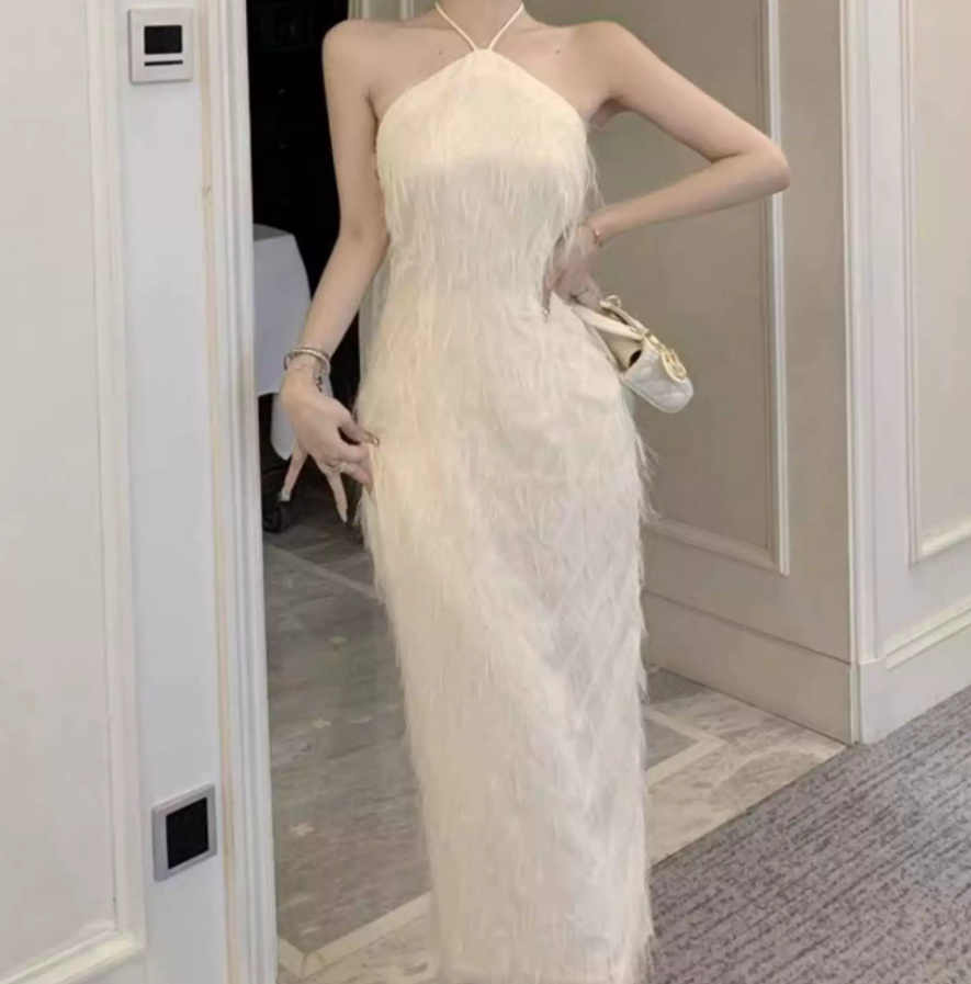 Trendy Halter Neck White Maxi Dress Feather Sheath Long Dress C9691