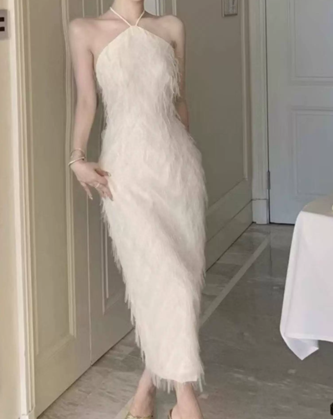Trendy Halter Neck White Maxi Dress Feather Sheath Long Dress C9691