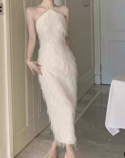 Trendy Halter Neck White Maxi Dress Feather Sheath Long Dress C9691