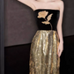 Romantic Gold Sequins Prom Dress Strapless Sheath Evening Dress C9692