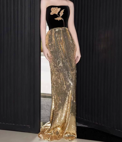 Romantic Gold Sequins Prom Dress Strapless Sheath Evening Dress C9692