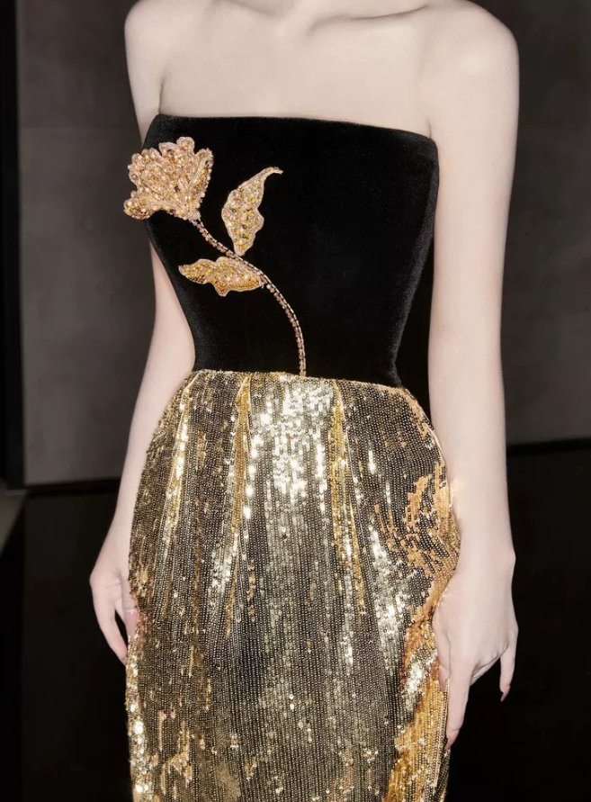 Romantic Gold Sequins Prom Dress Strapless Sheath Evening Dress C9692
