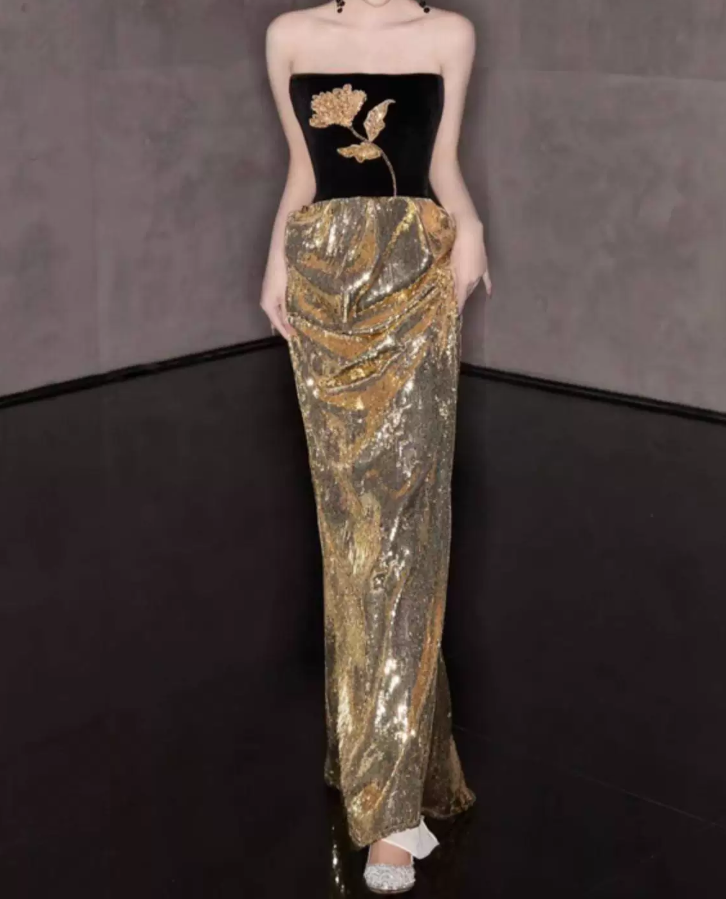 Romantic Gold Sequins Prom Dress Strapless Sheath Evening Dress C9692