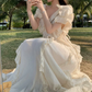 Attractive V Neck Ivory Maxi Dress Ruffles A-Line Long Dress C9693