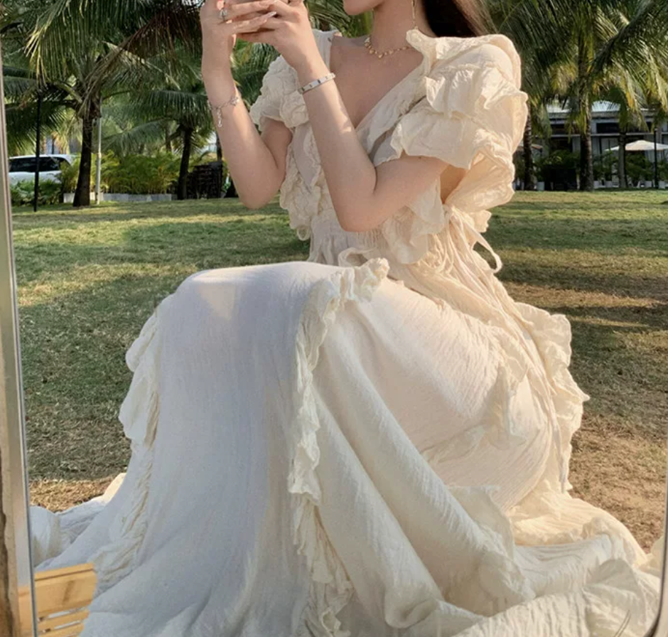 Attractive V Neck Ivory Maxi Dress Ruffles A-Line Long Dress C9693