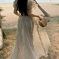 Attractive V Neck Ivory Maxi Dress Ruffles A-Line Long Dress C9693