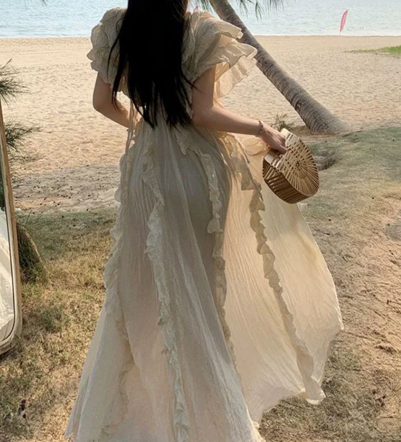 Attractive V Neck Ivory Maxi Dress Ruffles A-Line Long Dress C9693