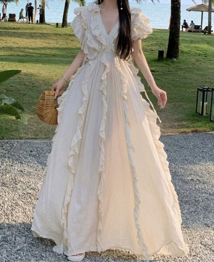 Attractive V Neck Ivory Maxi Dress Ruffles A-Line Long Dress C9693