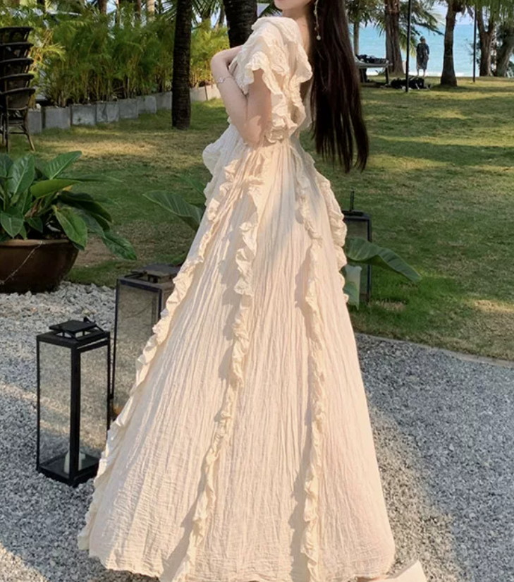 Attractive V Neck Ivory Maxi Dress Ruffles A-Line Long Dress C9693