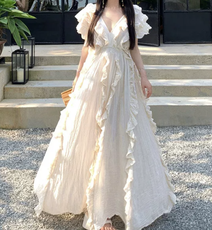 Attractive V Neck Ivory Maxi Dress Ruffles A-Line Long Dress C9693