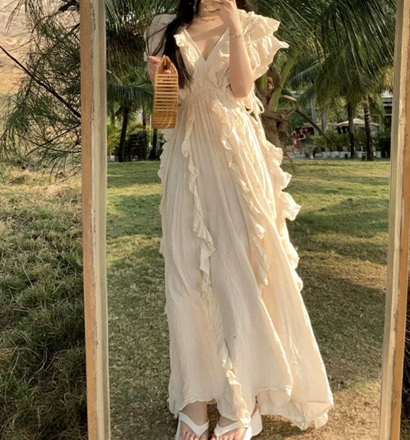 Attractive V Neck Ivory Maxi Dress Ruffles A-Line Long Dress C9693
