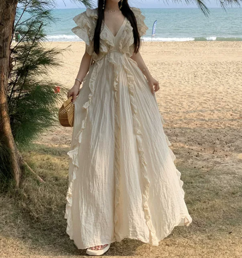 Attractive V Neck Ivory Maxi Dress Ruffles A-Line Long Dress C9693