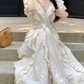 Attractive V Neck Ivory Maxi Dress Ruffles A-Line Long Dress C9693