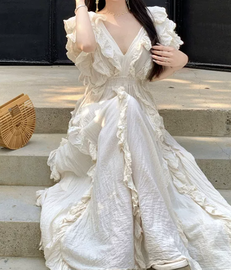 Attractive V Neck Ivory Maxi Dress Ruffles A-Line Long Dress C9693