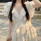 Attractive V Neck Ivory Maxi Dress Ruffles A-Line Long Dress C9693