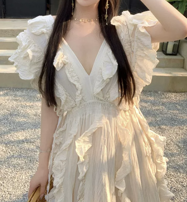 Attractive V Neck Ivory Maxi Dress Ruffles A-Line Long Dress C9693