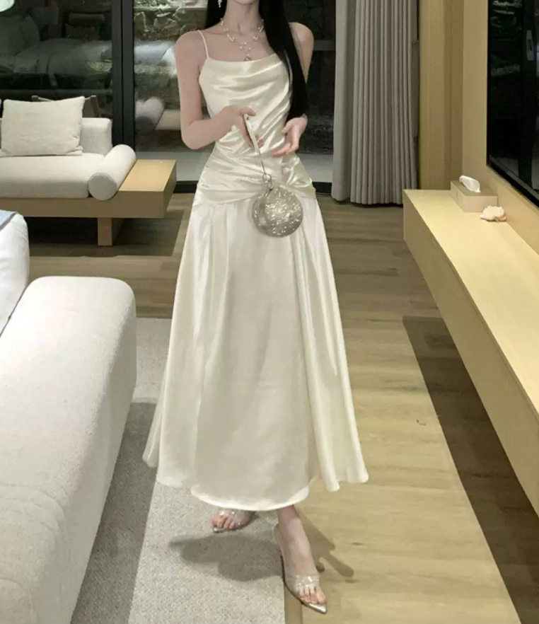 Alluring Spaghetti Straps Prom Dress White Satin A-Line Evening Dress C9694