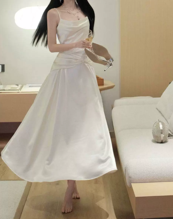 Alluring Spaghetti Straps Prom Dress White Satin A-Line Evening Dress C9694