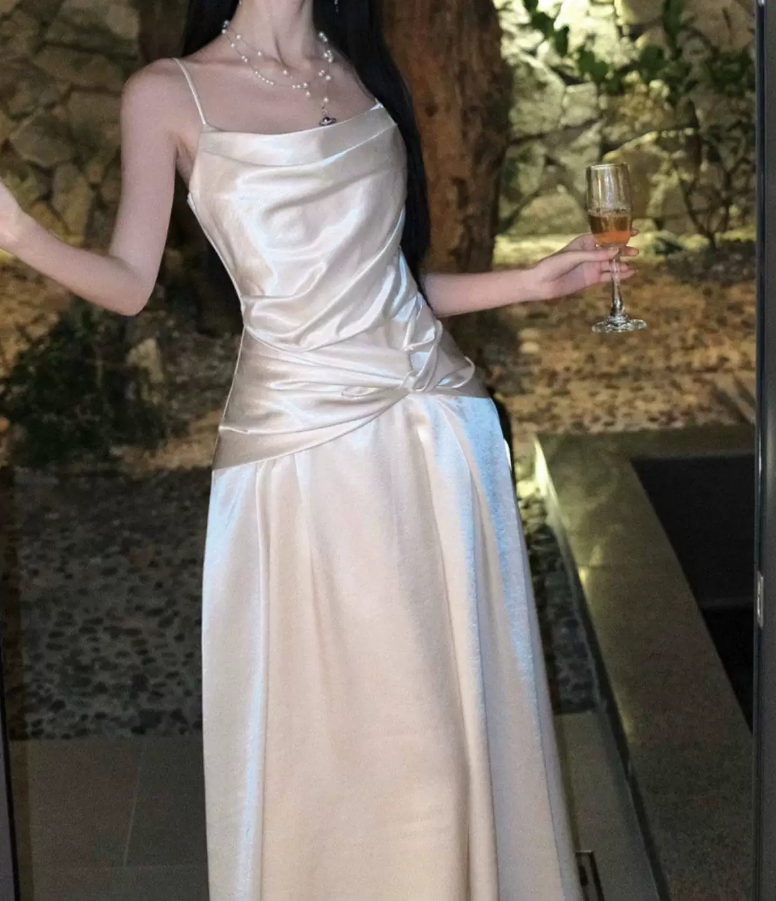Alluring Spaghetti Straps Prom Dress White Satin A-Line Evening Dress C9694