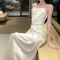 Alluring Spaghetti Straps Prom Dress White Satin A-Line Evening Dress C9694
