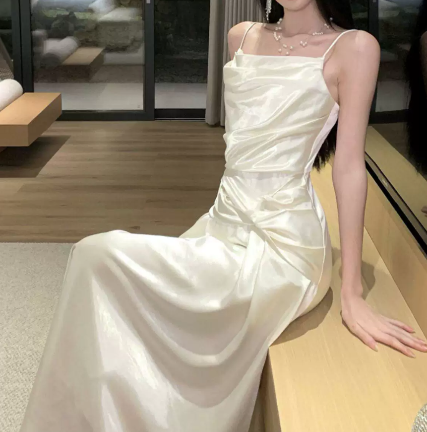 Alluring Spaghetti Straps Prom Dress White Satin A-Line Evening Dress C9694