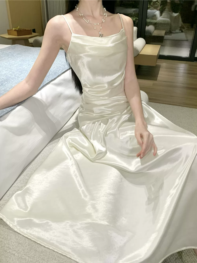 Alluring Spaghetti Straps Prom Dress White Satin A-Line Evening Dress C9694