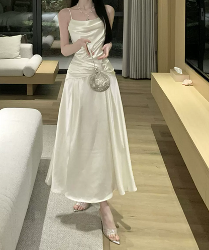 Alluring Spaghetti Straps Prom Dress White Satin A-Line Evening Dress C9694