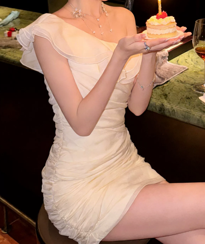 Modern One Shoulder Mini Dress White Ruffles Short Dress C9695