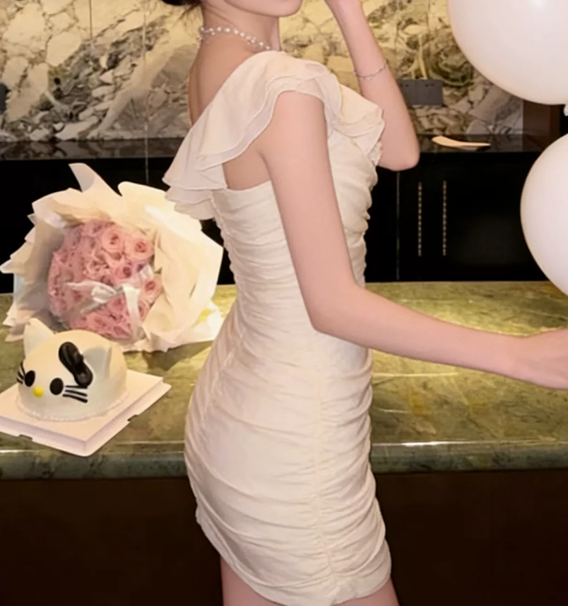 Modern One Shoulder Mini Dress White Ruffles Short Dress C9695