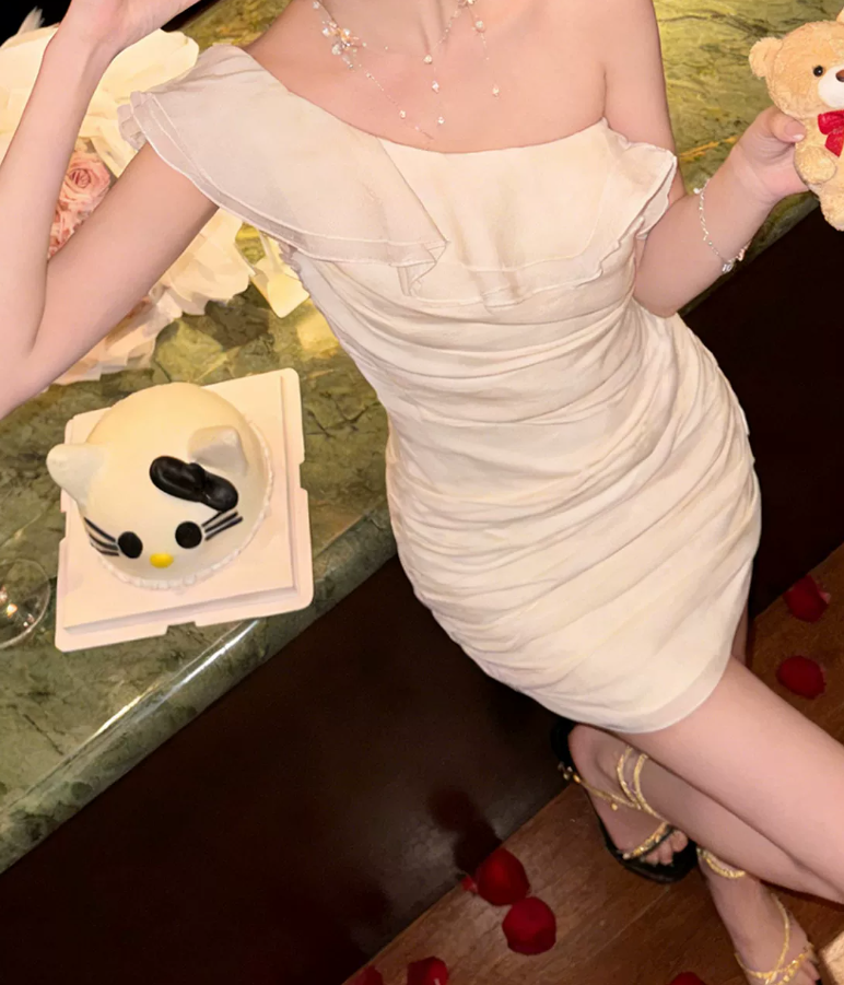 Modern One Shoulder Mini Dress White Ruffles Short Dress C9695