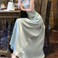 Lustrous Spaghetti Straps Prom Dress Blue Satin Sequins A-Line Evening Dress C9696