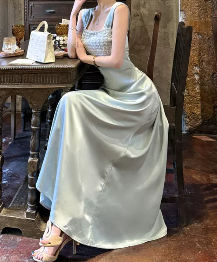 Lustrous Spaghetti Straps Prom Dress Blue Satin Sequins A-Line Evening Dress C9696