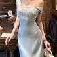 Lustrous Spaghetti Straps Prom Dress Blue Satin Sequins A-Line Evening Dress C9696