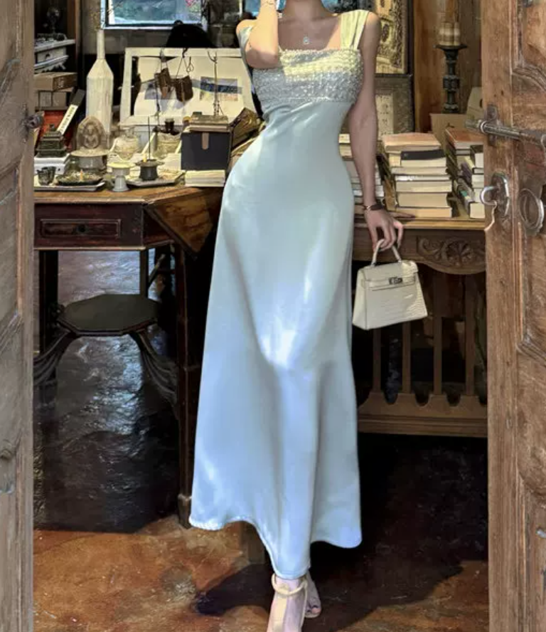 Lustrous Spaghetti Straps Prom Dress Blue Satin Sequins A-Line Evening Dress C9696