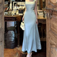 Lustrous Spaghetti Straps Prom Dress Blue Satin Sequins A-Line Evening Dress C9696