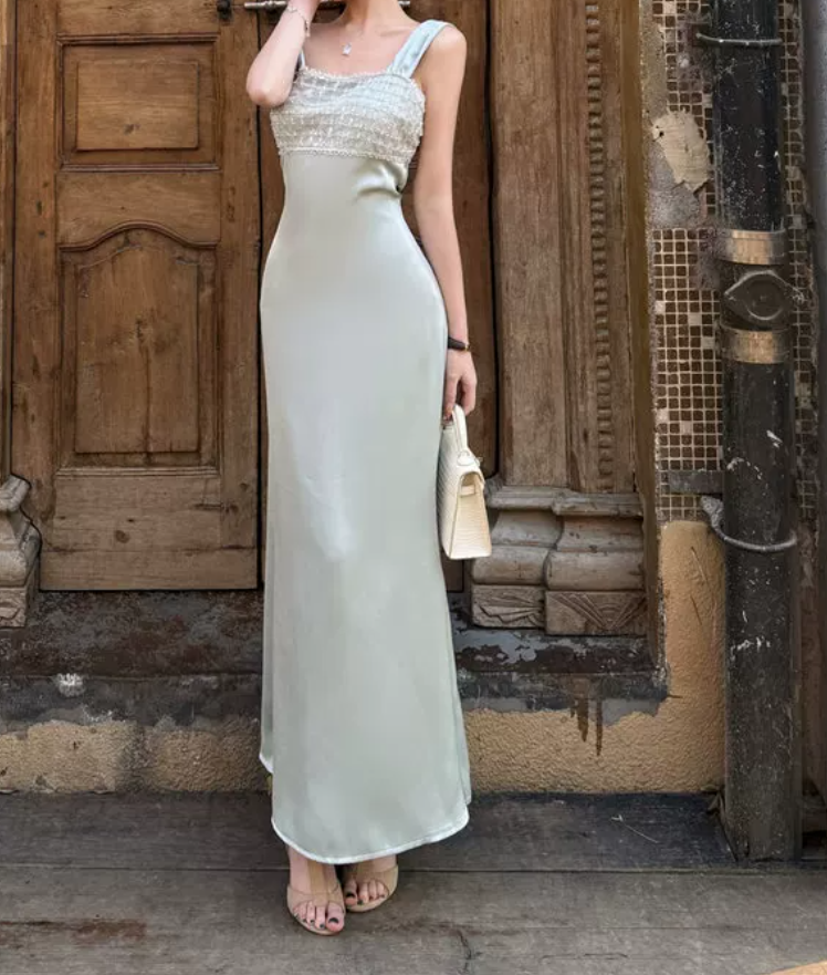 Lustrous Spaghetti Straps Prom Dress Blue Satin Sequins A-Line Evening Dress C9696