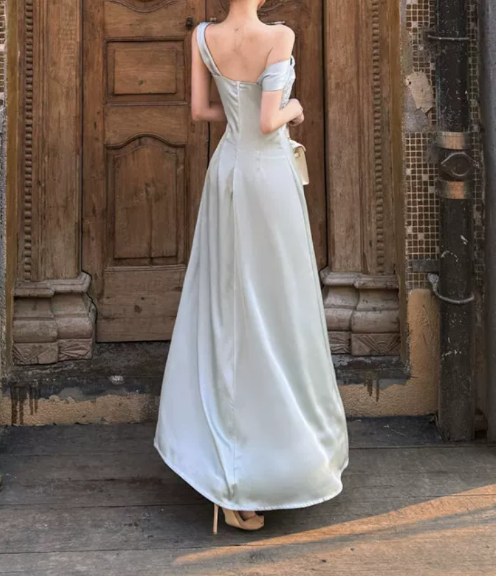 Lustrous Spaghetti Straps Prom Dress Blue Satin Sequins A-Line Evening Dress C9696