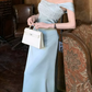 Lustrous Spaghetti Straps Prom Dress Blue Satin Sequins A-Line Evening Dress C9696