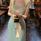 Lustrous Spaghetti Straps Prom Dress Blue Satin Sequins A-Line Evening Dress C9696
