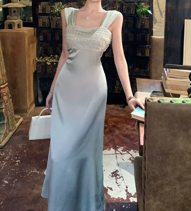 Lustrous Spaghetti Straps Prom Dress Blue Satin Sequins A-Line Evening Dress C9696