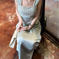 Lustrous Spaghetti Straps Prom Dress Blue Satin Sequins A-Line Evening Dress C9696